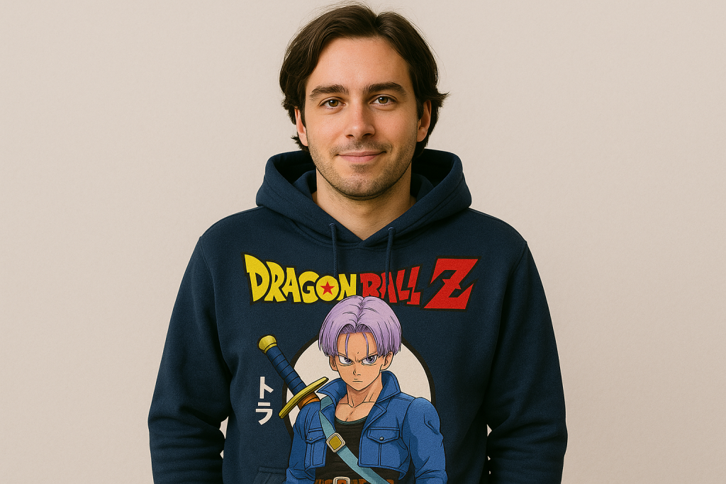 a man wearing dragon ball z hoodie